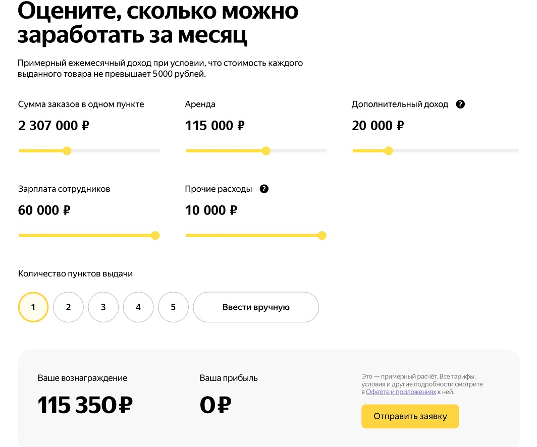 Калькулятор Яндекс Маркета рассчитывает примерную сумму ежемесячного вознаграждения с учётом количества ПВЗ и других параметр