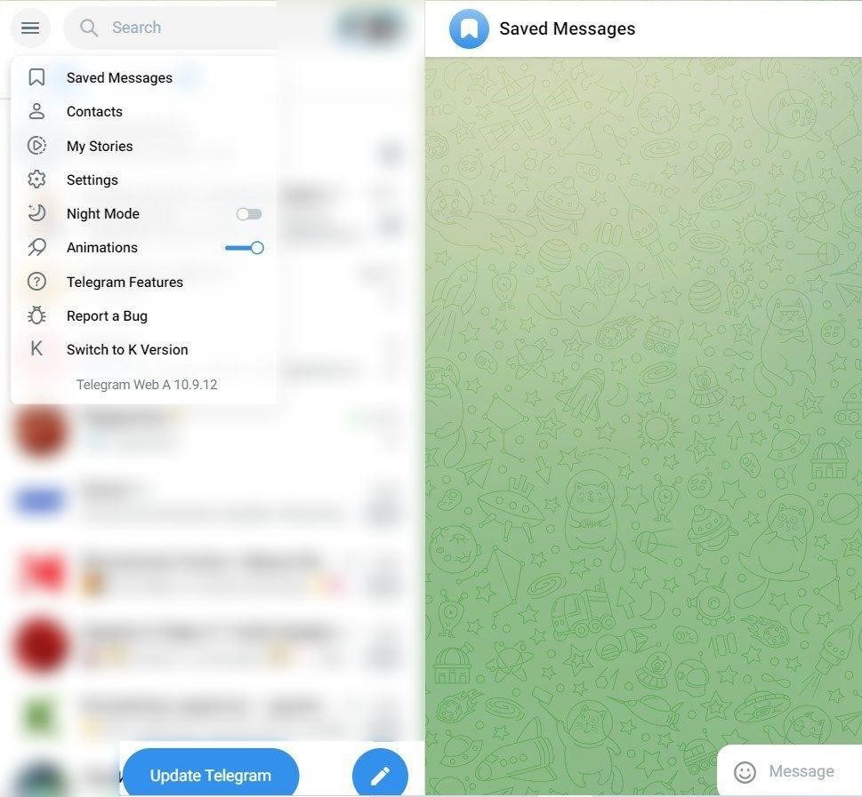Процесс изменения языка в веб-версии Телеграма на Windows