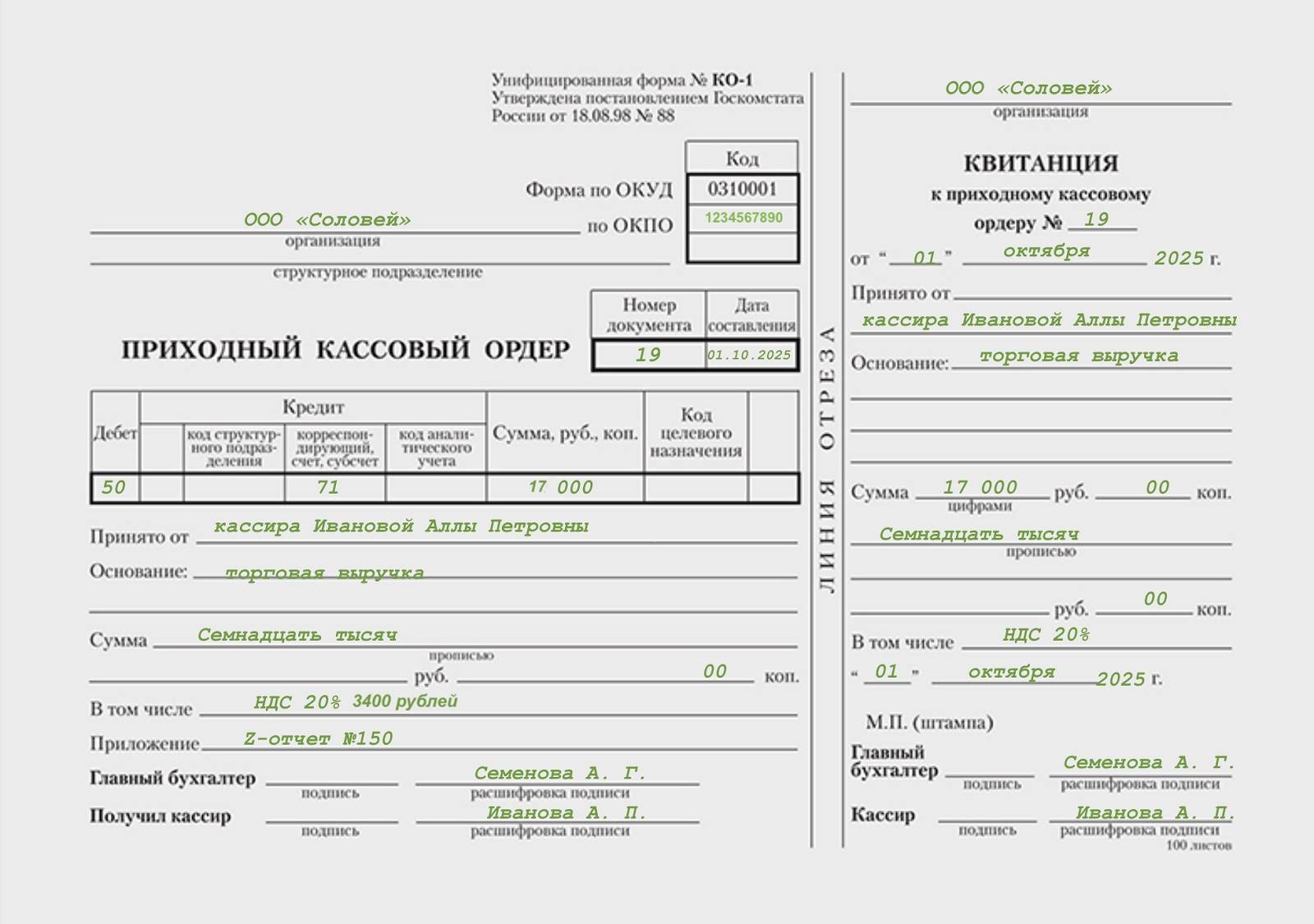 Пример заполнения приходного кассового ордера в конце торговой смены